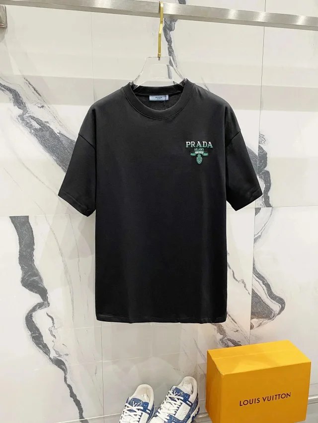 Prada Solid Color Logo Printed Round Neck Pullover Short Sleeve T-Shirt