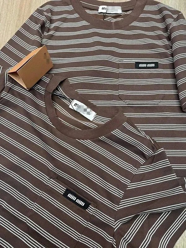MIUMIU Letter striped round neck short-sleeved T-shirt loose layered pure cotton unisex top pocket